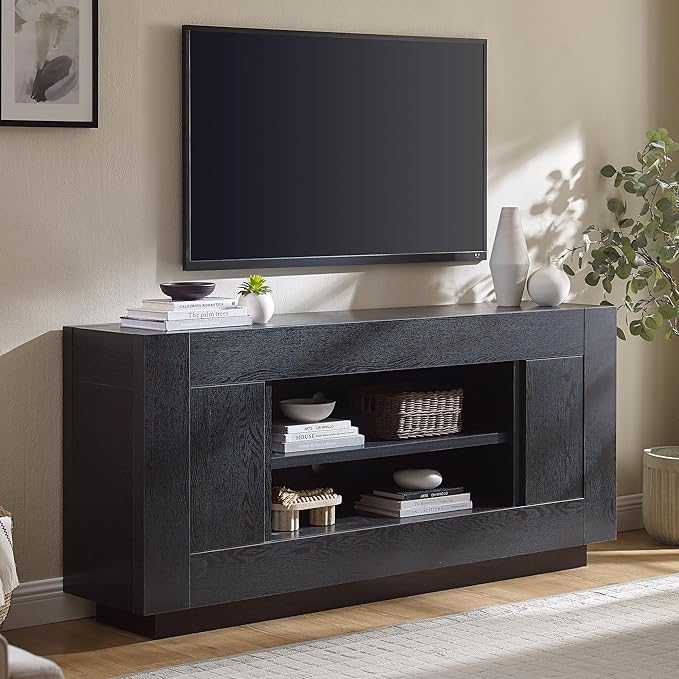 OKD Modern 70" TV Stand, Entertainment Center for TVs Up to 80", Media Console with Large Open Storage & Side Cabinets, Thick Wood Design for Living Room, Black Oak
