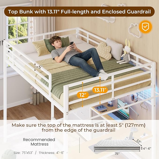 DICTAC Full Loft Bed with L-Shaped Desk and 7 Storage Drawers, Metal Full Size Loft Bed for Teen with LED Lights and Charging Station,13.11" H Safety Guardrail and Ladder,No Box Spring Needed, White