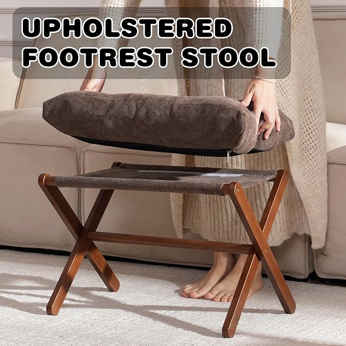 Baveke Ottoman Foot Rest- Bamboo Folding Stool, Foot Stools Small Ottman with Upholstered & X Legs, Foldable Stool for Makeup, Bedroom and Living Room, FSC-Certified (Large Brown)