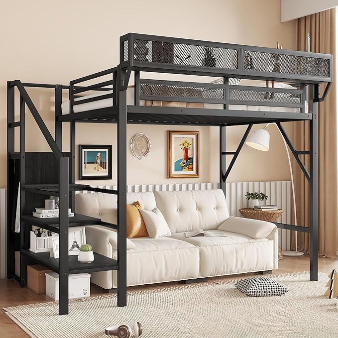 KEIKI Twin Size Metal Loft Bed Frame with Convertible Staircase, Built-in Storage Shelves & Wardrobe, Loft Bed with Solid Slats & Guardrail, No Box Spring Required, Easy Assembly, for Bedroom, Black
