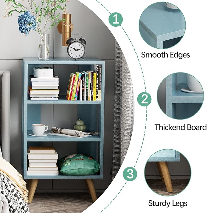 Aenuert Night Stand, Blue Nightstand, Modern End Table with Open Storage, 3-Tier Nursery Bedside Table for Small Space, Living Room, Bedroom