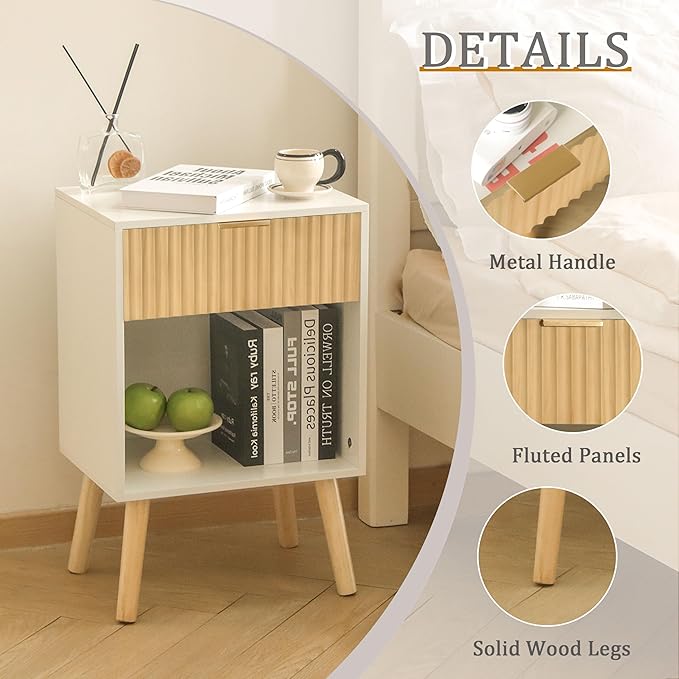 Fultyle Nightstand, Modern Bedside Table with Drawer and Open Shelf, Fluted Night Stand with Solid Wood Legs for Bedroom, Living Room, Office (White Oak)