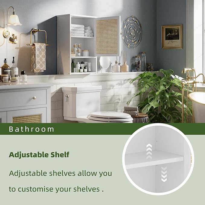 Bathroom Wall Cabinet, Bamboo Over-The-Toilet Storage Organizer with Rattan Doors and Adjustable Shelf, Space Saver Medicine Cabinet for Laundry, Kitchen, Living Room (White)