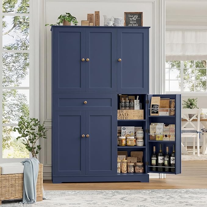 HOSTACK 68" Tall Kitchen Pantry Storage Cabinet, Modern Kitchen Hutch Cabinet with Doors and Shelves, Freestanding Food Pantry with Large Storage Drawer for Dining Room, Living Room, Navy Blue
