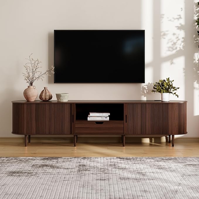 DHH 86.6" Fluted TV Stand with Power Outlet for TVs up to 90", TV Console with Adjustable Shelves and Sliding Door,Mid Century Modern Entertainment Center for Living Room,Bedroom (Walnut, 86.6Inch)