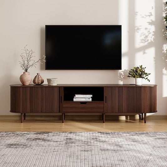 DHH 86.6" Fluted TV Stand with Power Outlet for TVs up to 90", TV Console with Adjustable Shelves and Sliding Door,Mid Century Modern Entertainment Center for Living Room,Bedroom (Walnut, 86.6Inch)