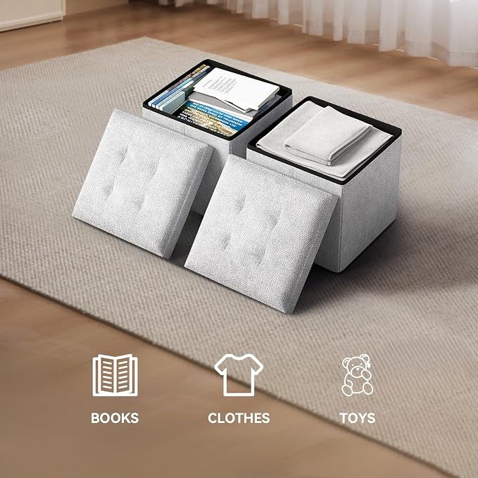 Storage Ottoman Bench, 15 Inch Ottoman Foot Rest, End of Bed Bench, Storage Chest for Living Room, Bedroom, Entryway, Light Gray