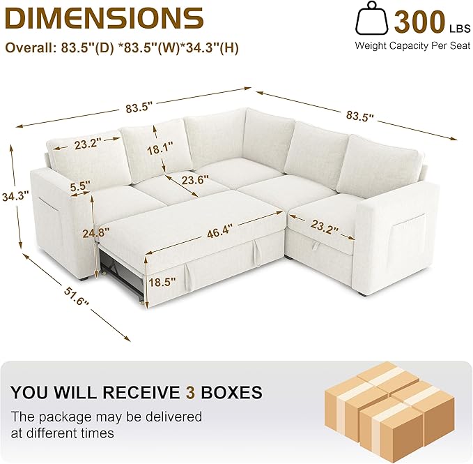 83.5" Sectional Sleeper Sofa with Pull Out Couch, Modern 5 Seat L Shaped Modular Couch, Sectionals Modular Sofa with Storage, Comfy Sectional Couches for Living Room & Apartment,Light Beige