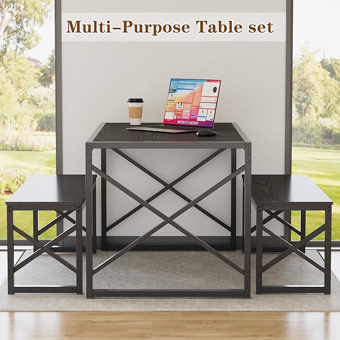 VECELO 55” Kitchen Dining Table Set for 4, Heavy-Duty Steel Frame & Wood-Grain Tabletop, Space-Saving Dinette Sets with 2 Benches for Breakfast Nook and Small Space, Black