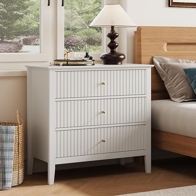 RoyalCraft 32" Large Nightstand, Fluted Painted Bedside Table with 3 Spacious Drawers, Modern Tall End Table for Bedroom, White