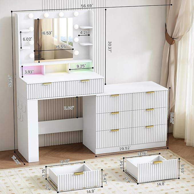 Vanity Desk with Mirror and Lights, Fluted Makeup Vanity with 8 Drawers, Storage Shelves, RGB Light and Power Outlet, Bedroom Dessing Table for Women, Girls, White,56.7"