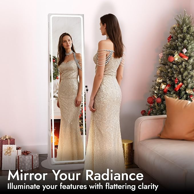 Zamildon's LED Mirror Jewelry Armoire, 360 Swivel Full Length Mirror Jewelry Cabinet, Freestanding Mirrored Jewelry Organizer with Interior LED Lights & Storage Shelves, White