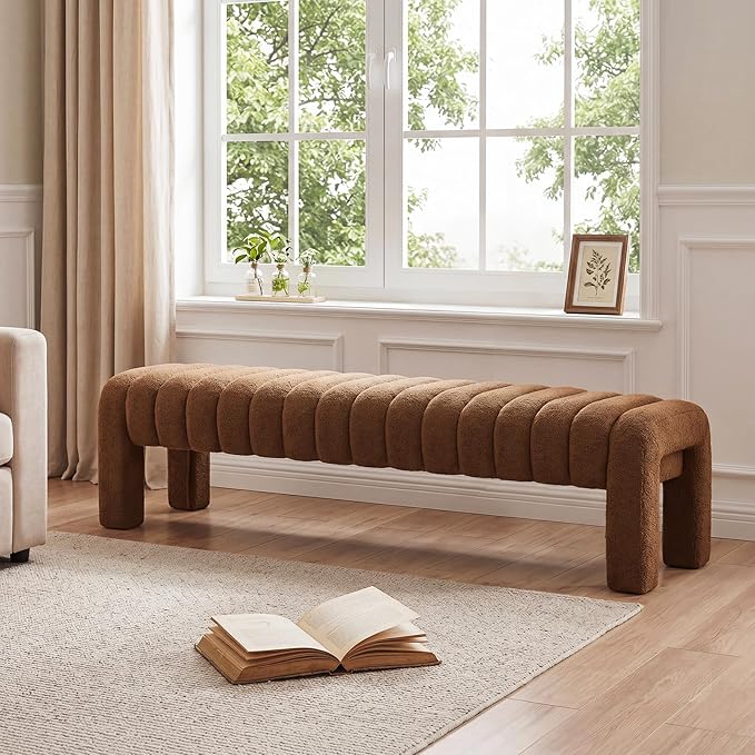 63’’ Bedroom Bench, Upholstered End of Bed Bench with Solid Wood Legs, Modern Cushioned Dining Bench with Full Covered Fabrics for Entryway, Bedroom, Living Room (Rust Brown, Boucle)