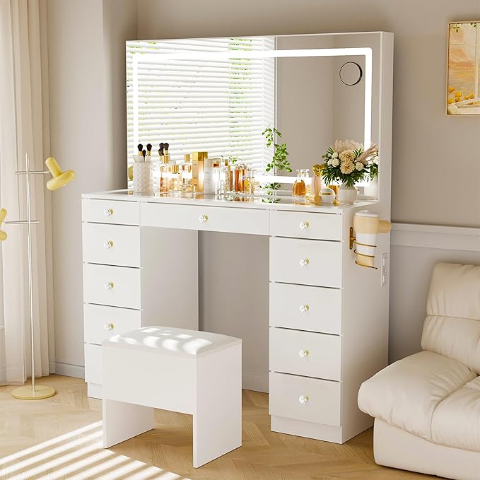 Pamapic Glass Top Makeup Vanity with Crystal Handles, 11 Drawers Vanity Desk with Mirror and Stool, 3 Lighting Modes Dressing Table with Charging Station, White