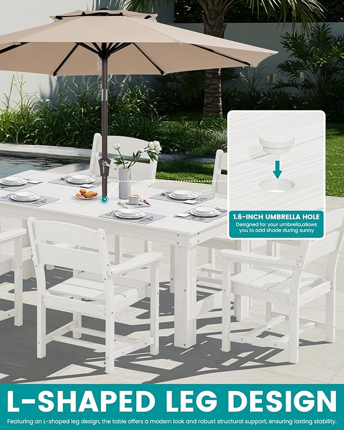 SERWALL Outdoor Dining Table Set, 67‘’ HDPE Patio Dining Set for 4, All-Weather Outdoor Table and Chairs Set for Deck, White