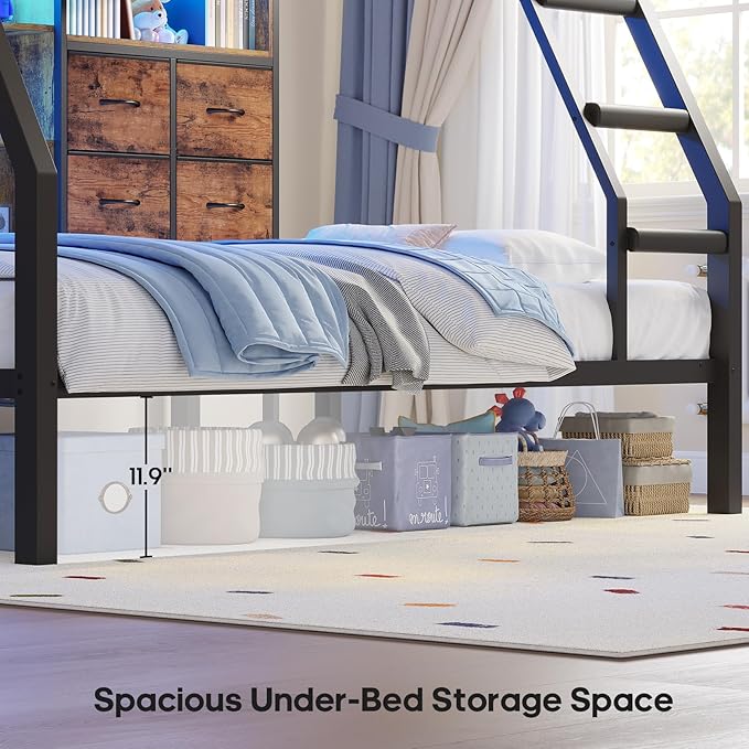 BTHFST Bunk Bed Twin Over Twin with 4 Storage Drawers & Shelves & Bedside Caddy, Twin Bunk Beds with LED Lights & Charging Station, Metal Loft Bed with Angled Ladder & Safety Guardrail, Rustic Brown