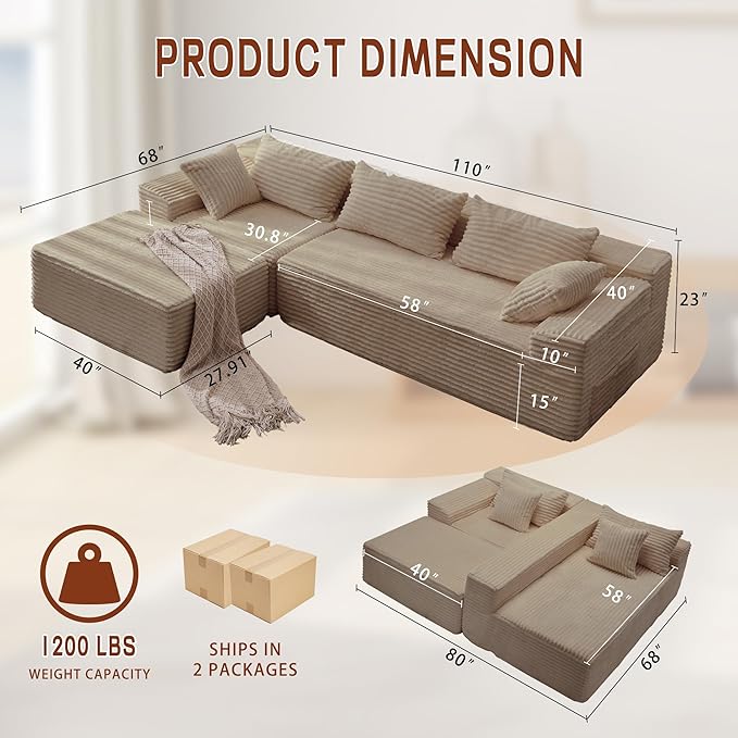 Korser 110" L-Shaped Modular Sectional Sofa with Chaise, Boneless Comfy Corduroy Fluffy Couch with Deep Seat and Side Pockets, Flexible Module Combination for Living Room, No Assembly, Side Pockets