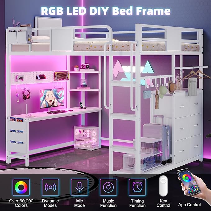 Dnxao Full Size Loft Bed with Desk, 900 lbs Heavy Duty Metal Bed Frame for Adults & Teens, 6 Storage Drawers, Power Outlet with Type-C, LED Lights, Integrated Study Workstation for Small Room, White