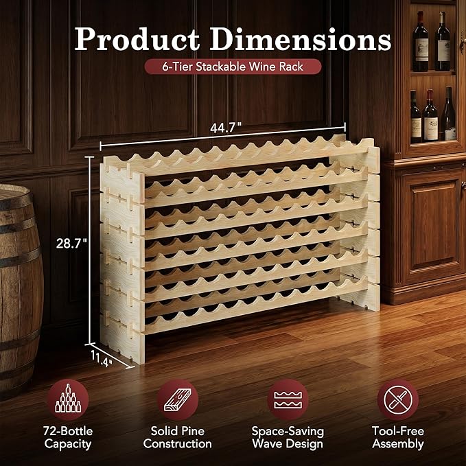 72 Bottles Stackable Modular Wine Rack, 6-Tier 72 Slots Floor Wine Storage Stand Wooden Wine Holder Display Shelves, Wobble-Free, Solid Wood, Floor Free Standing