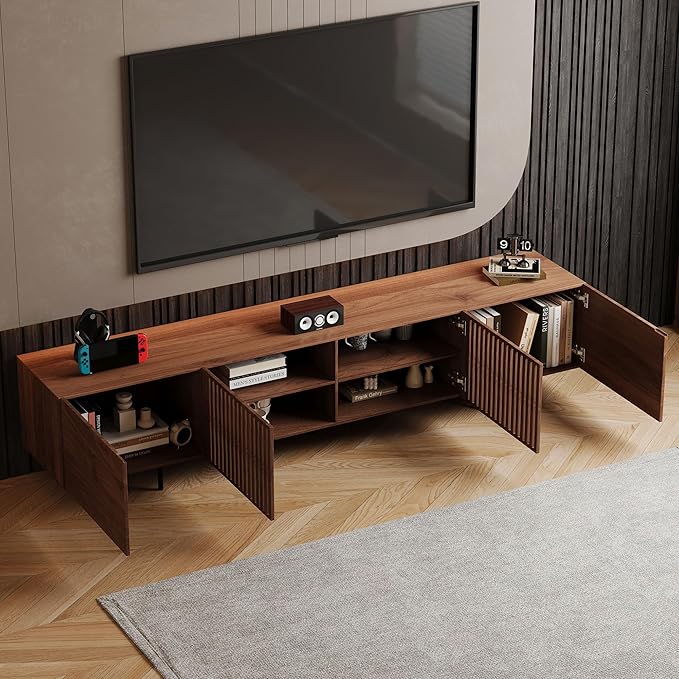 94.48" Mid-Century Modern TV Stand, Walnut Media Console with 4 Storage Cabinets, Entertainment Center for TVs up to 100 Inches, Ideal for Living Room or Bedroom