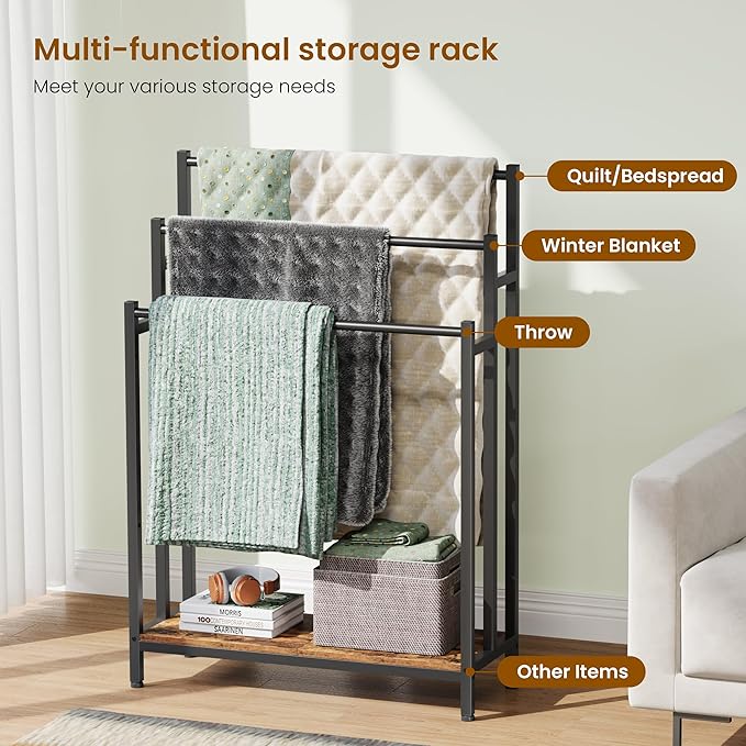 46" Extra Large Freestanding Towel Rack Stand for Bathroom, 3 Tier Blanket Ladder Holder, Outdoor Bath Towel Drying Rack with Shelf, Next to Tub or Shower, Quilt Rack, Rustic Brown and Black