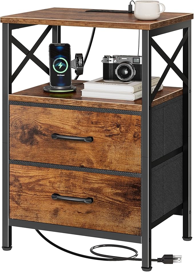 Huuger Night Stand with Charger Station, 2 Drawer Nightstand with Open Shelf, Bed Side Table with USB-C Port, End Table, Compact Size for Small Spaces, X Shaped Side Rail, Rustic Brown