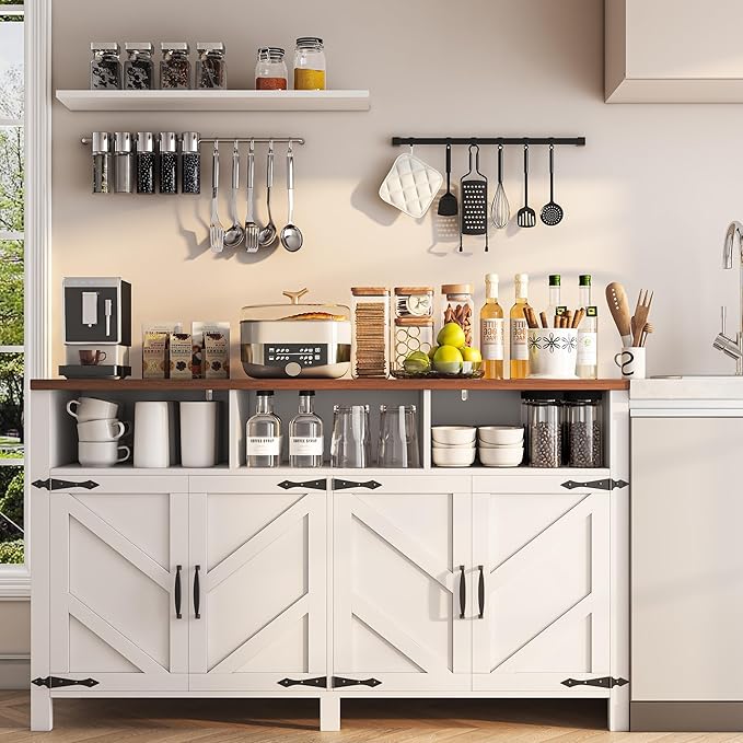 knoworld Buffet Sideboard with Storage Farmhouse with 4 Doors, 55'' Large Kitchen Storage Cabinet Wood Coffee Bar Cabinet Buffet Table with Shelves for Kitchen, Dining Room, Entryway