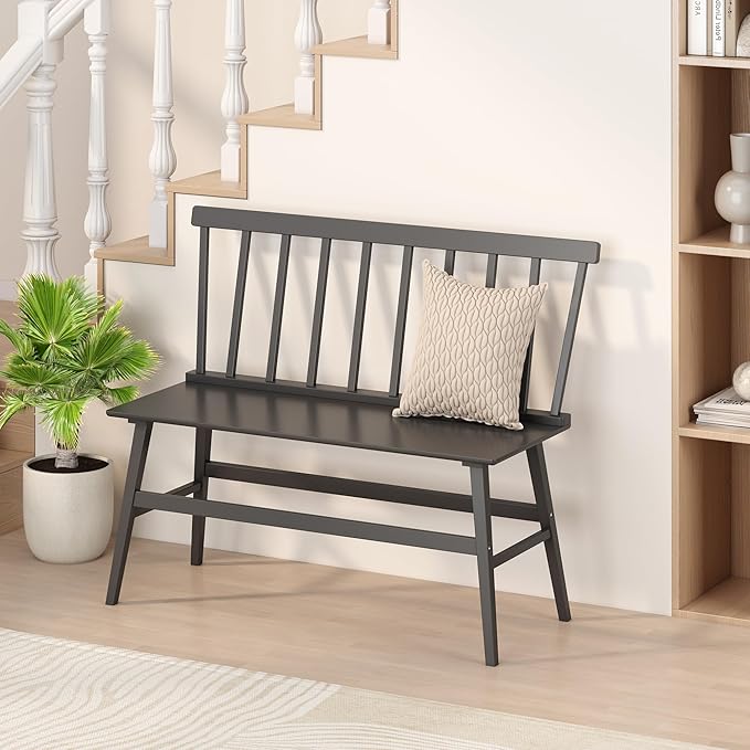 Bamboo Dining Bench, Entryway Bench with Spindle Back Farmhouse Wood Windsor for Foyer Balcony Living Room (Black)
