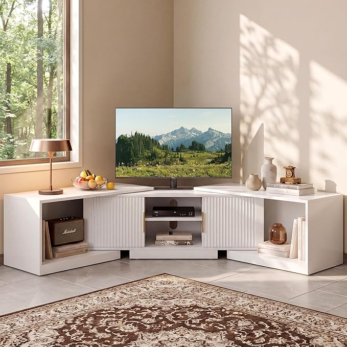 IRONCK TV Stand for 55-80 Inches TVs, 63"-84.6" Adjustable Length, Extendable Corner Entertainment Center with Storage Cabinets, Fluted Doors Modern Media Console, Ideal for Living Room, White