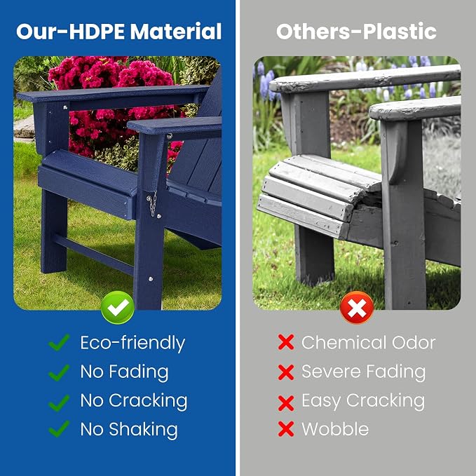 Folding Adirondack Chair with Ottoman Weather Resistant Foldable Fire Pit Chairs with Footrest HDPE Outdoor Adirondack Chair for Patio Front Porch Pool Garden Deck Fire Pit Outside, Navy Blue