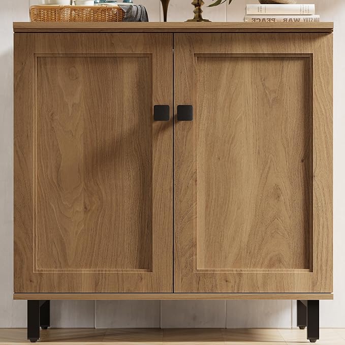 FENSULN Buffet Sideboard Cabinet Farmhouse Modern Storage Cabinet with Adjustable Shelves for Kitchen, Coffee Bar, Living Room, Oak