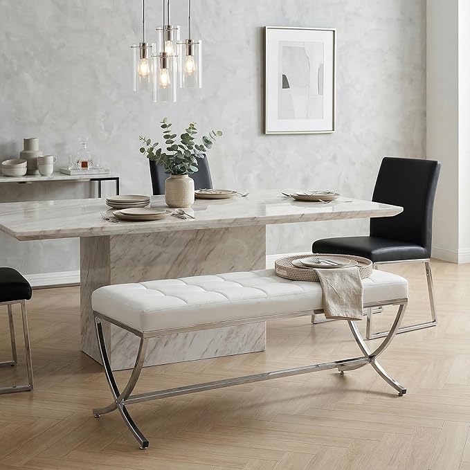 LukeAlon Modern PU Leather Dining Bench, Button Tufted Ottoman Bench with X-Shape Chrome Finish Upholstered End of Bed Bench Comfy Entryway Bench for Bedroom Kitchen, White