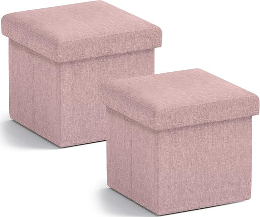 Ornavo Home Small Storage Ottoman, Set of 2 Foldable Collapsible Cube Square Linen Ottoman Foot Rest Stool Seat, for Living Room, Bedroom, Home Office, Dorm - 12 x 12 x 12, Pink