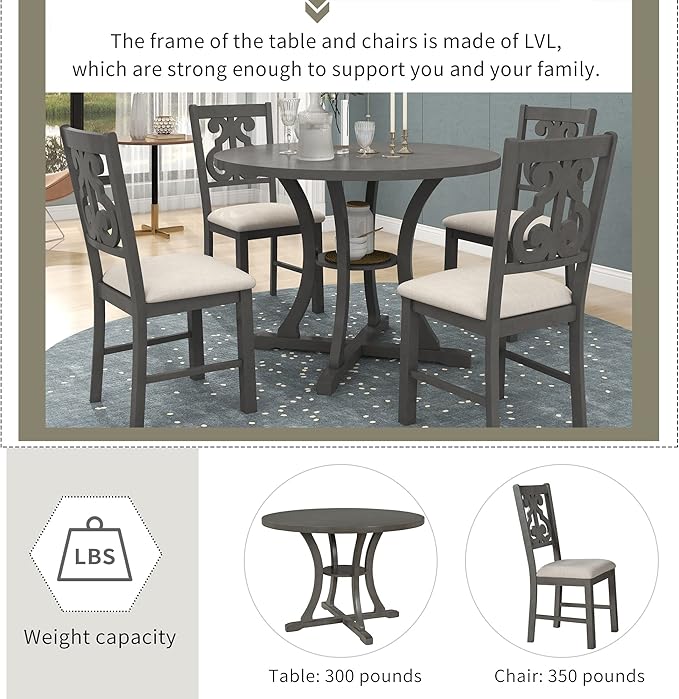 Harper & Bright Designs 5-Piece Round Dining Table and Chair Set with Special-Shaped Legs and an Exquisitely Designed Hollow Chair Back for Dining Room (Gray)