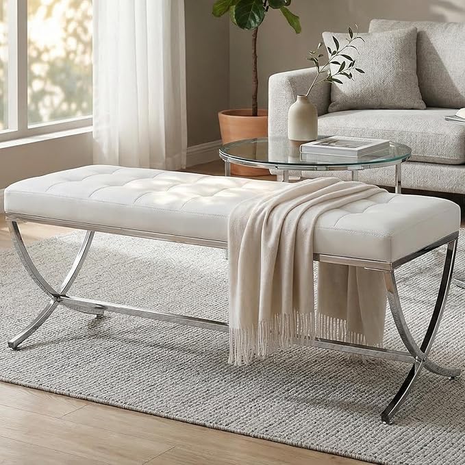 LukeAlon Modern PU Leather Dining Bench, Button Tufted Ottoman Bench with X-Shape Chrome Finish Upholstered End of Bed Bench Comfy Entryway Bench for Bedroom Kitchen, White