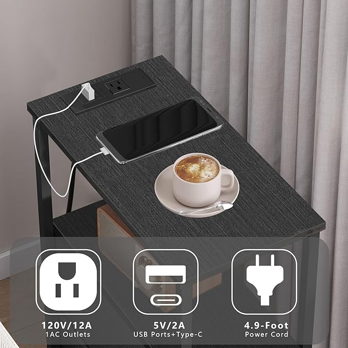 TUTOTAK Small Narrow End Table with Charging Station, Set of 2, Side Table with Outlets, Nightstand with Cloth Drawer, Couch Table, for Living Room, Bedroom, Bedside, Black TB01BK058