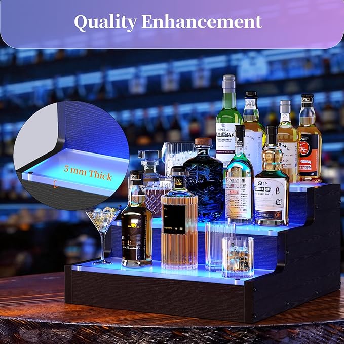 LED Lighted Wine Bottle Display Shelf, 3-Tier Acrylic Liquor Bottle Stand with APP Controlled Multicolor Lighting, Countertop Bar Organizer for Home Mini Bar Party Decor (3 Step 1 Pack)