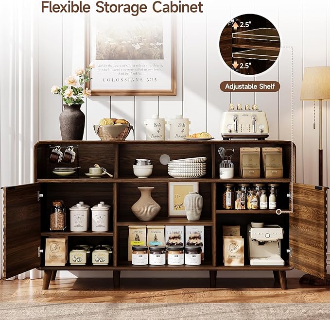 58 Inch Curved Sideboard Buffet Cabinet w/2 Wave Doors and Open Storage Spaces, Angled Side Frame, Sideboard Storage with Adjustable Shelves, Coffee Bar Cabinet for Kitchen, Living Room, Walnut