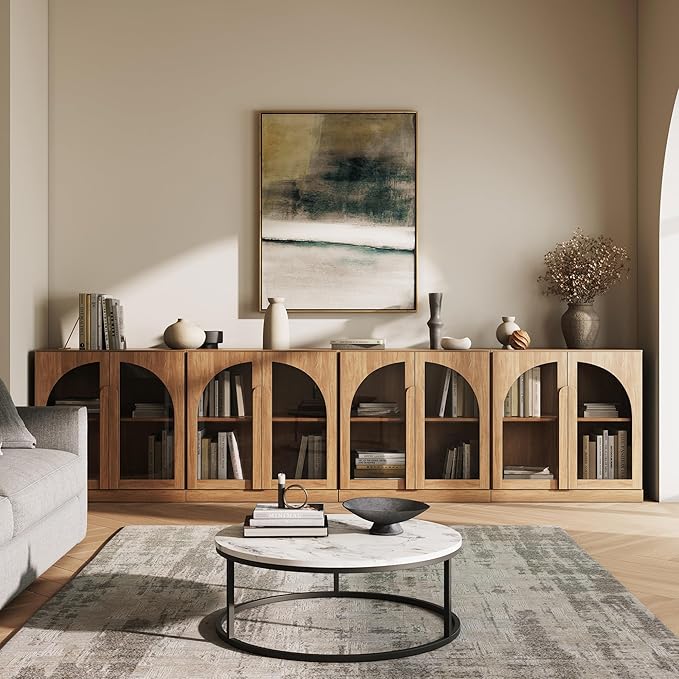 BELLEZE Bijou Set of 4 Wall-to-Wall Storage Cabinets (126" Wide) - Grand Sideboard Buffet System w/8 Arched Glass Doors - Massive Entertainment Center & Display Console for Living Room, Office, Camel