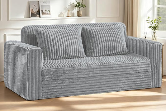 HABUTWAY 68" Loveseat Boneless Couch, 4-in-1 Convertible Sofa Bed, Plush Fur Folding Futon Sofa Bed Couches with 2 Pillows for Living Room, High-Density Foam Support, No Assembly Required, Light Grey