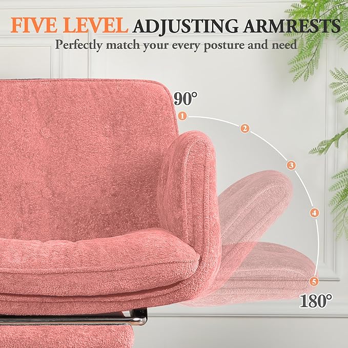 Criss Cross Chair with Footrest & 5 Level Folding Arms Full Relaxation, Wide Cross Legged Office Chair for Home Office, Comfy Swivel Desk Chair with Ottoman, Chenille Vanity Chair (Pink)