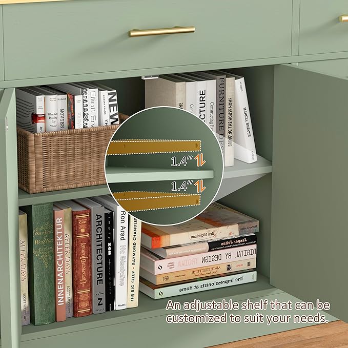 Vongrasig Buffet Cabinet with Storage, Farmhouse Coffee Bar Table with Drawers, 53” Large Modern Sideboard Buffet with Adjustable Shelves, Wood Buffet Table for Kitchen, Dining Room, Green