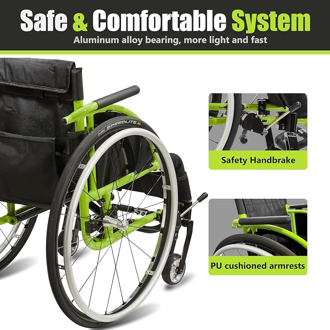 14" W x 14" D Seat Ultra-Light 24 lbs Aluminum Wheelchair for Adults, Foldable & Portable with 24" Quick-Release Wheels - 250 lbs Capacity Sport & Travel Chair(Green)