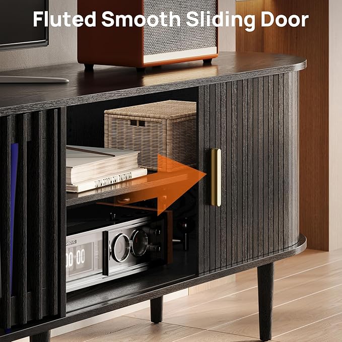 94.5" Fluted Mid Century Modern TV Stand for TVs Up to 80/85/86/90/98/100", Tambour Sliding Doors Entertainment Center with Storage&LED, Curved Media&TV Console Long TV Stands for Living Room, Black