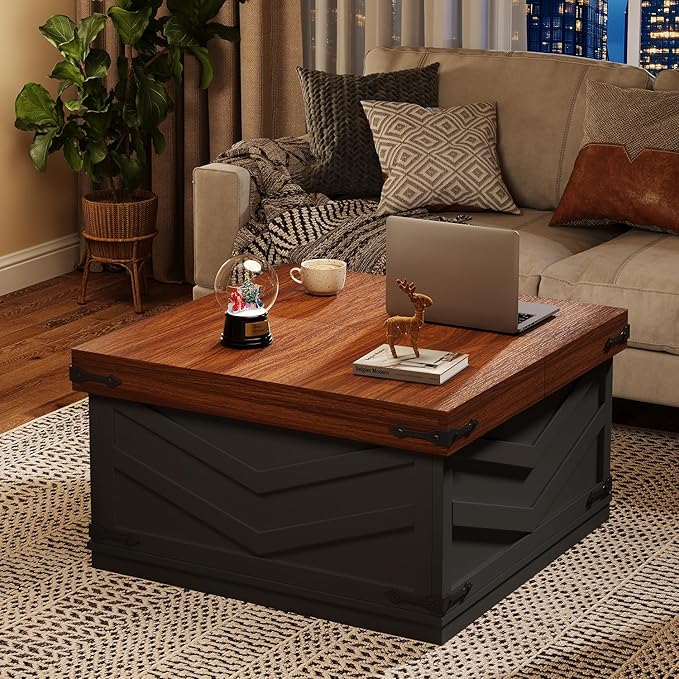 UNIQUITE 31.5'' Lift Top Coffee Table, Sliding Top Square Center Table with Large Hidden Storage Organizer, Multi-Functional Farmhouse Coffee Tables for Living Room, Bedroom, Home Office, Black