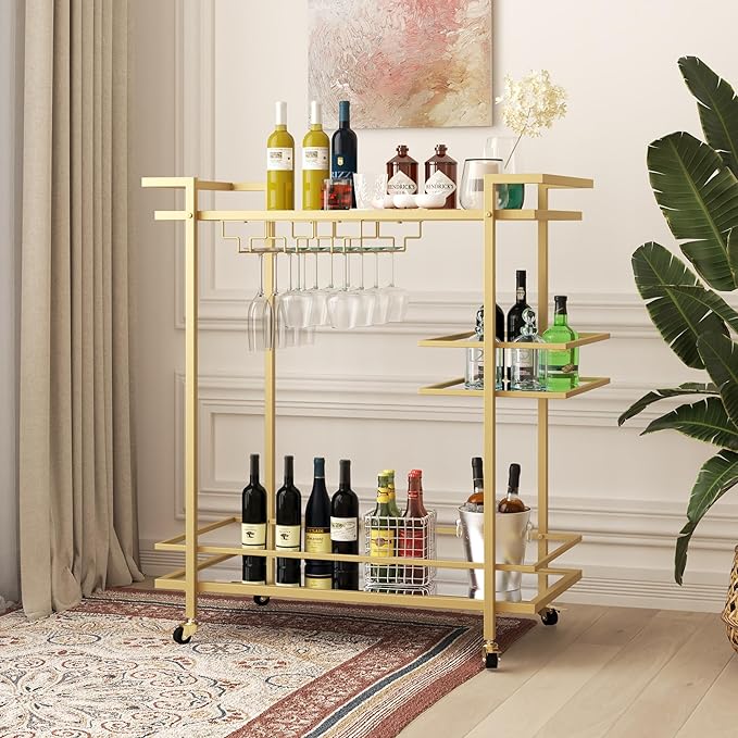 Gold Home Bar Cart, 2-Tier Glass Shelves Rolling Wine Cart with Wheels and Wine Holders, Modern Mobile Serving Trolley for Living Room Dining Room