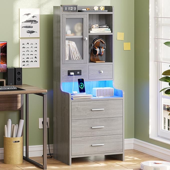 ADORNEVE Tall Night Stand with Charging Station and LED Lights,49.2" Nightstand with Bookshelf,Adjustable Shelf with Glass Door, Grey Bedside Table with Drawers,End Side Table for Bedrooms