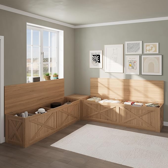 Bobve L-Shape Storage Bench with Cushion, Backless Corner Dining Bench, Kitchen Dining Nook Bench with Hidden Storage for Dining Room, Kitchen, Entryway (Wood+White)