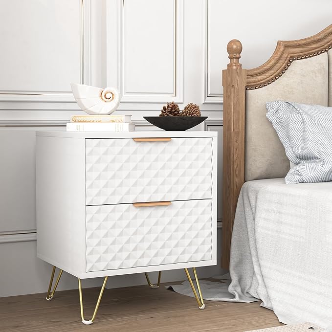 White Night Stand Set of 2, Modern Double Bedside Table with 2 Drawers Storage for Bedroom, Wood End Side Table with Gold Legs for Living Room