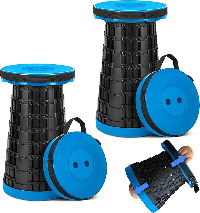 2-Pack Blue Upgraded Collapsible Stool, Max 620lbs Portable Folding Stool, Height Adjustable Retractable Telescopic Seat, Travel Chair, Foldable Camping Seat or Footrest, Gift